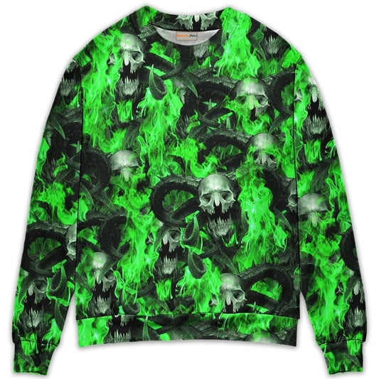 Green Flame Skull Burning Art – Sweater - Ugly Christmas Sweater