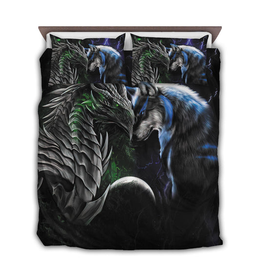 Green And Blue Dragon And Wolf Battle Bedding Cover For Fantasy Bedroom Decor