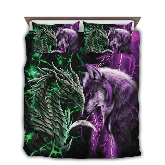 Green And Purple Dragon And Wolf Fantasy Bedding Cover For Fantasy Bedroom Decor