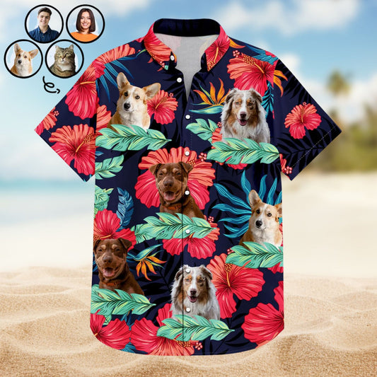 Custom Photo Human & Pet Faces Gift for Men & Women, Dog & Cat Lovers – Personalized Hawaiian Shirt