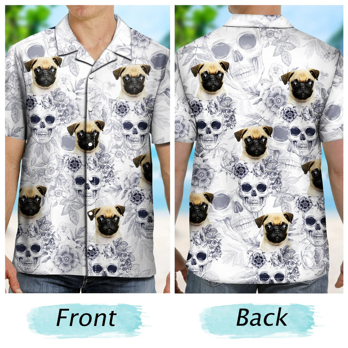 Custom Photo Skull Family Pet Face Tropical Leaf Gift for Men, Dog & Cat Lovers – Personalized Hawaiian Shirt
