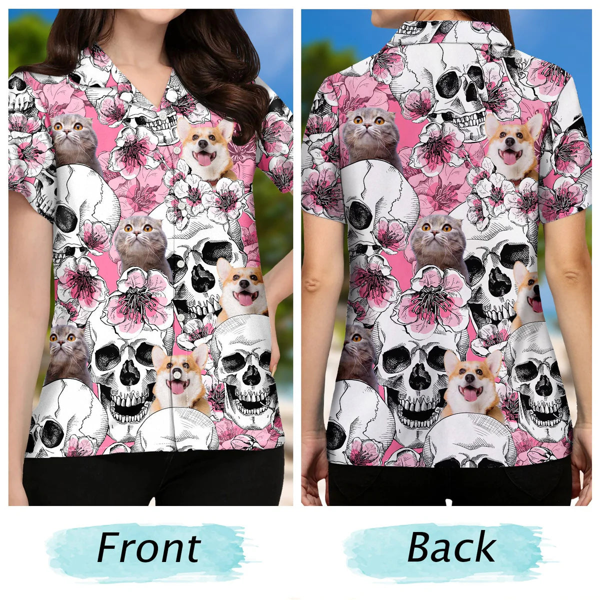 Custom Photo Skull Family Pet Face Tropical Leaf Gift for Men, Dog & Cat Lovers – Personalized Hawaiian Shirt