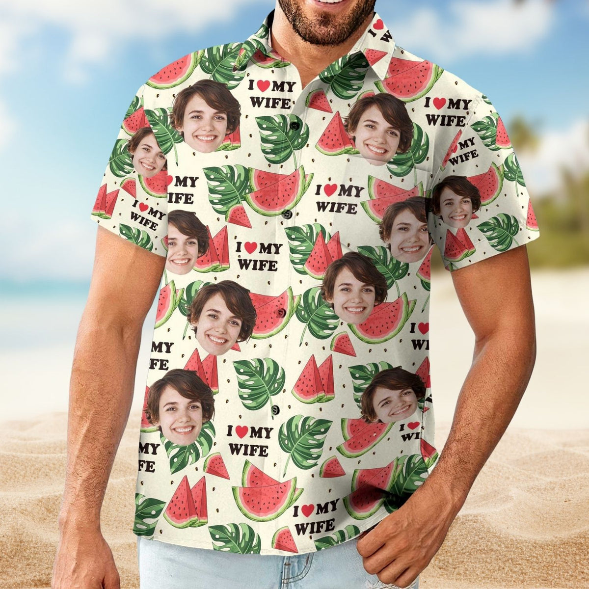 Custom Hawaiian Shirt – I Love My Wife, Personalized Photo Vacation Aloha Shirt