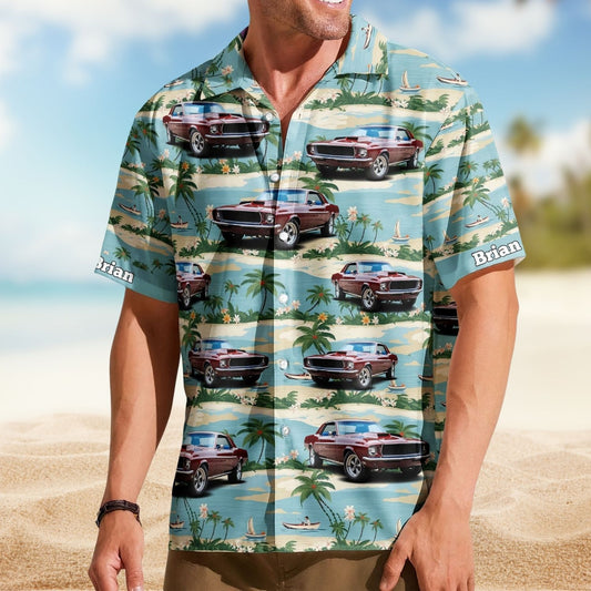Vintage Beach Palm Tree Aloha Shirt with Custom Car Photo – Custom Photo Hawaiian Shirts