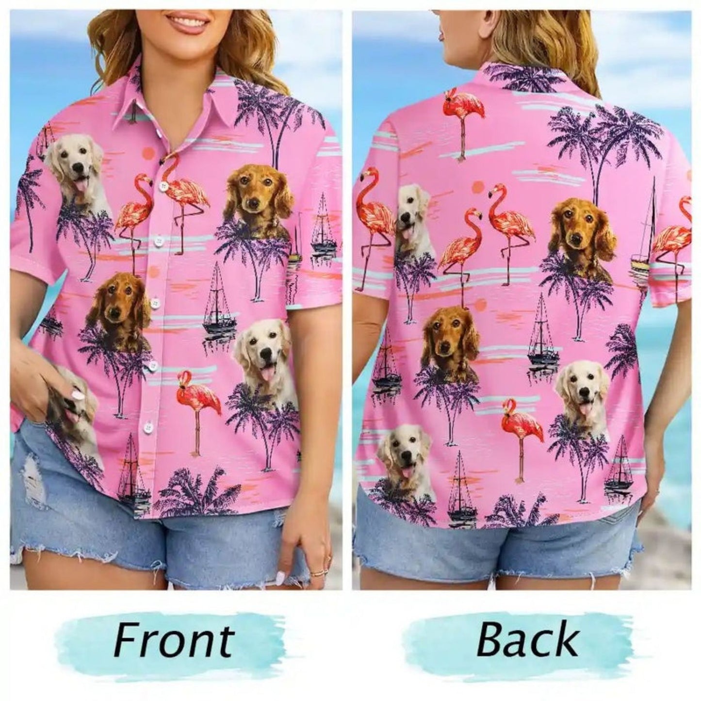 Tropical Beach Style Vacation Shirt – Custom Photo Pets Kids And More Tropical Flamingo - Personalized Hawaiian Shirt