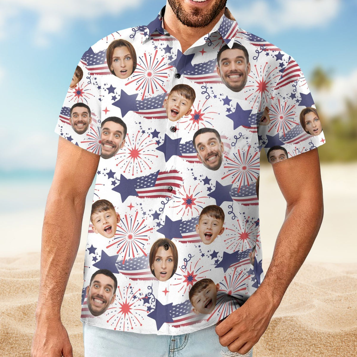 Family Cute Face - Personalized Photo Hawaiian Shirt - 4th of July Independence Day Tee