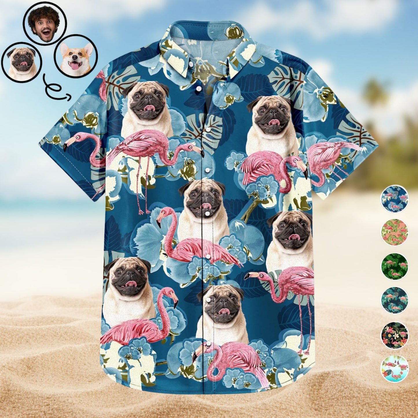 Custom Photo Funny Family Pet Face Flamingo Gift for Men, Dog & Cat Lovers – Personalized Hawaiian Shirt