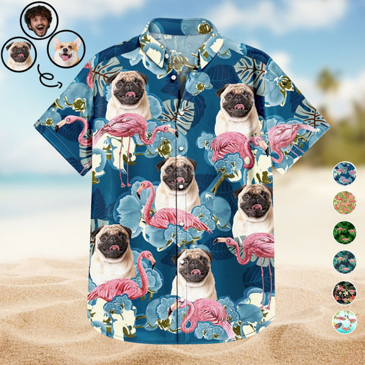 Custom Photo Funny Family Pet Face Flamingo Gift for Men, Dog & Cat Lovers – Personalized Hawaiian Shirt