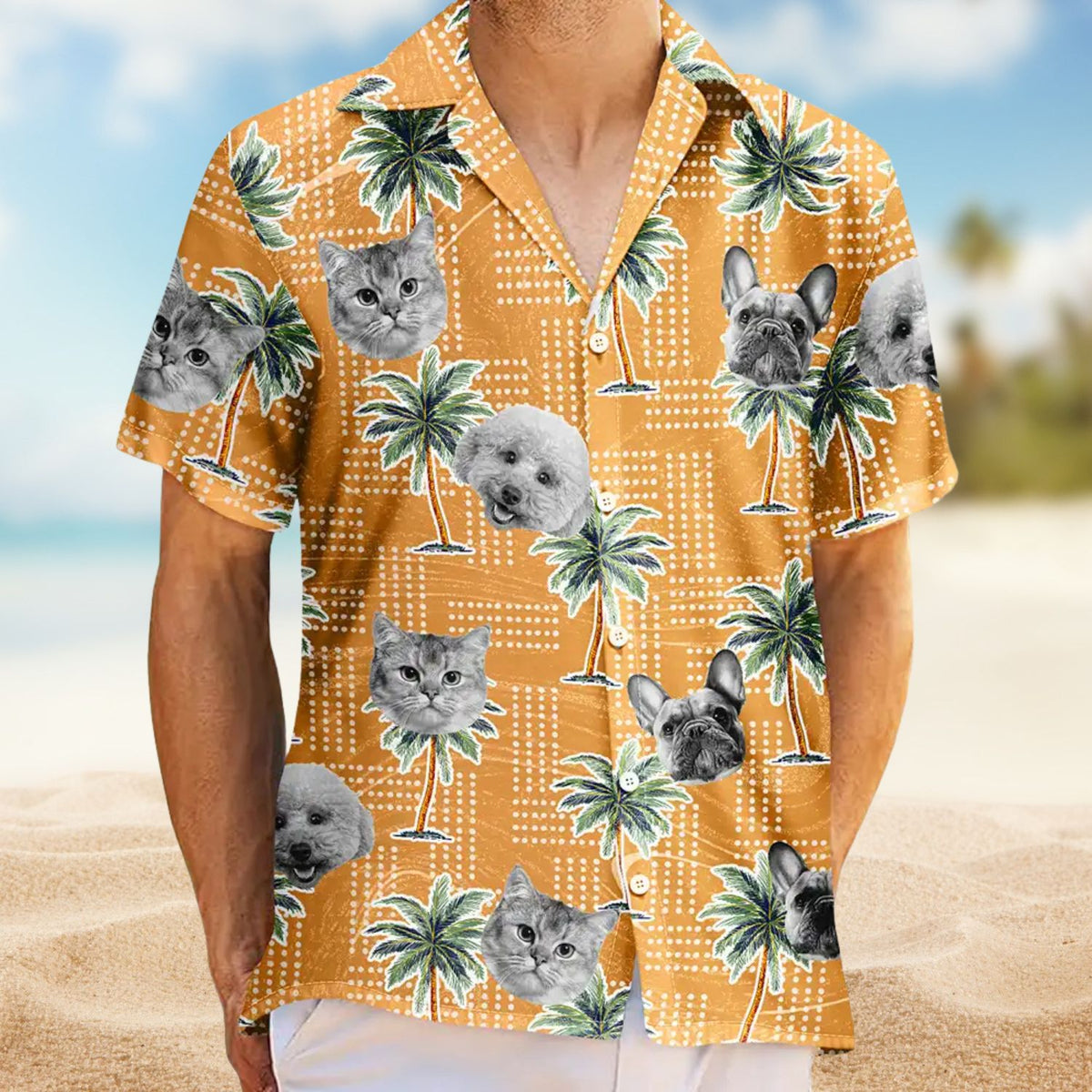 Custom Photo Pets, Kids & More Vintage Palm Trees – Personalized Hawaiian Shirt