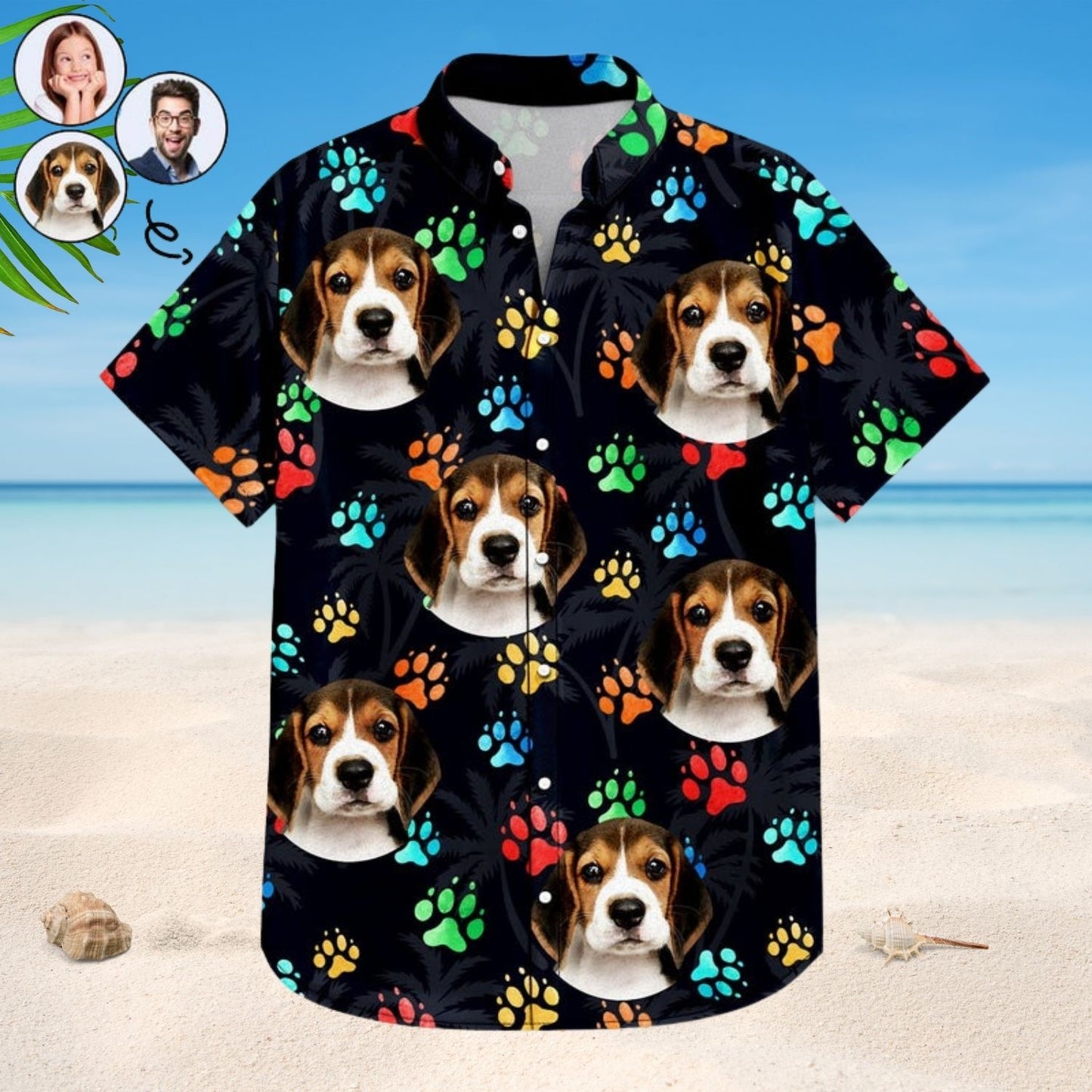 Tropical Beach Style Vacation Shirt – Custom Photo Funny Family Pet Face Colorful Paws - Personalized Hawaiian Shirt