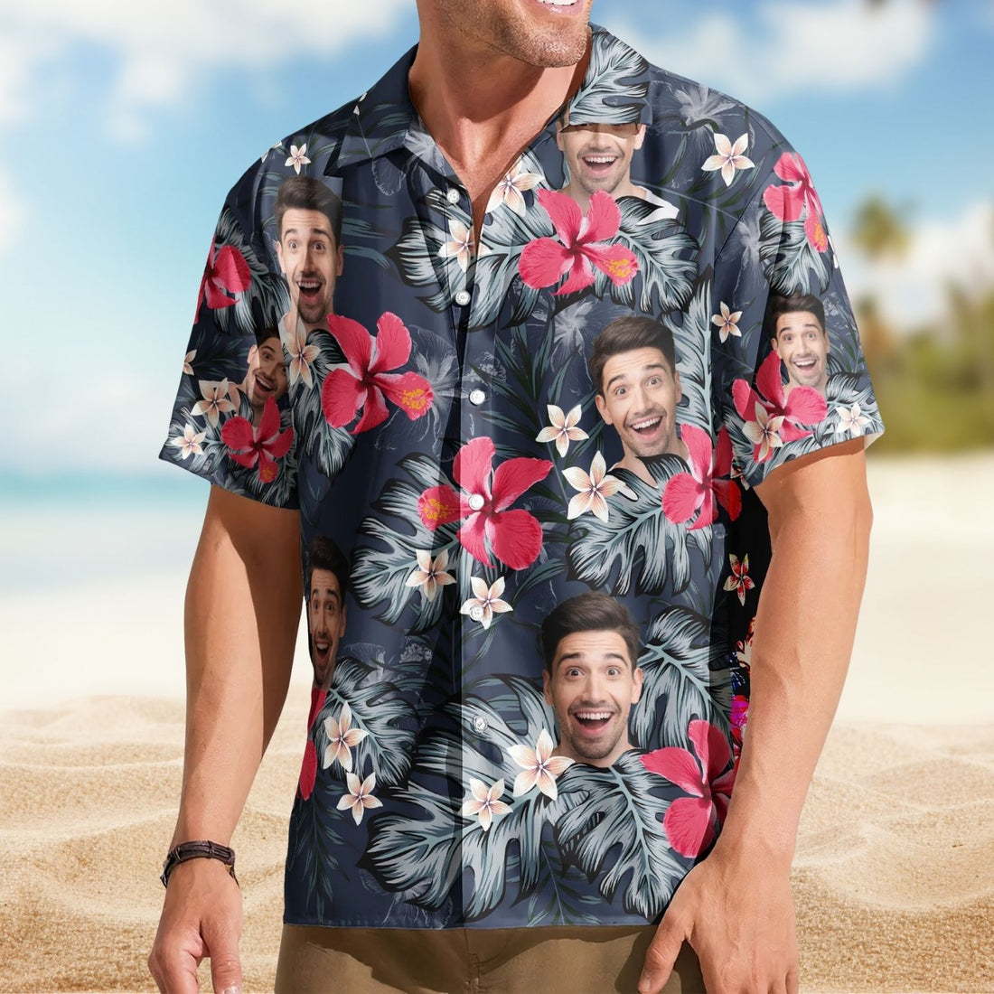 Custom Face Funny Photo for Men Husband Red Hibiscus - Personalized Hawaiian Shirt