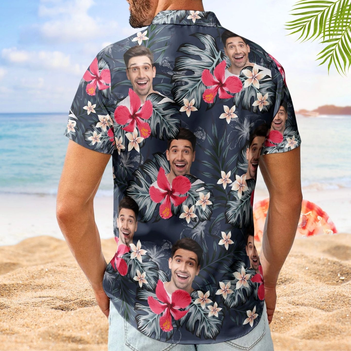 Custom Face Funny Photo for Men Husband Red Hibiscus - Personalized Hawaiian Shirt