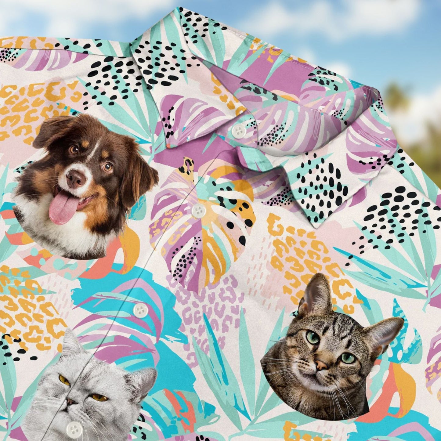 Custom Photo Funny Family Pet Face Purple Tropical Gift for Dog & Cat Lovers – Personalized Hawaiian Shirt
