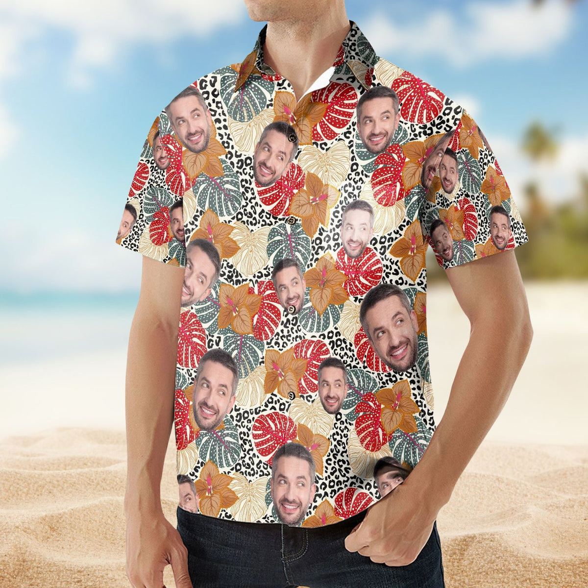 Custom Face Funny Tropical Leaf Pattern – Custom Photo Hawaiian Shirt