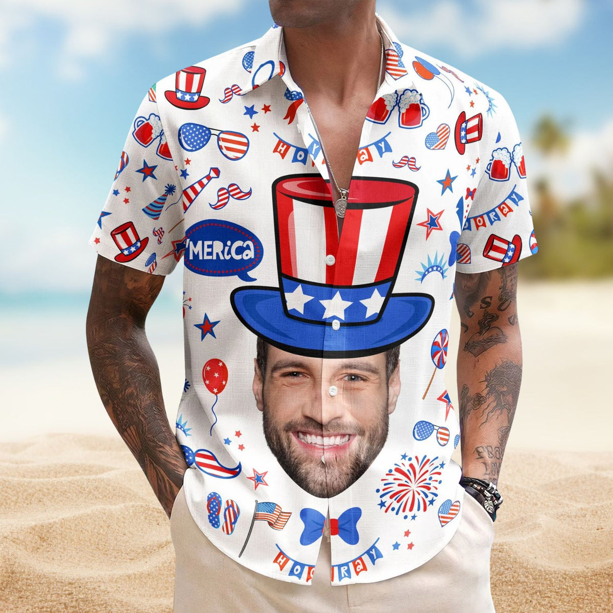 Custom Face Funny Happy 4th of July – Personalized Photo Hawaiian Shirt