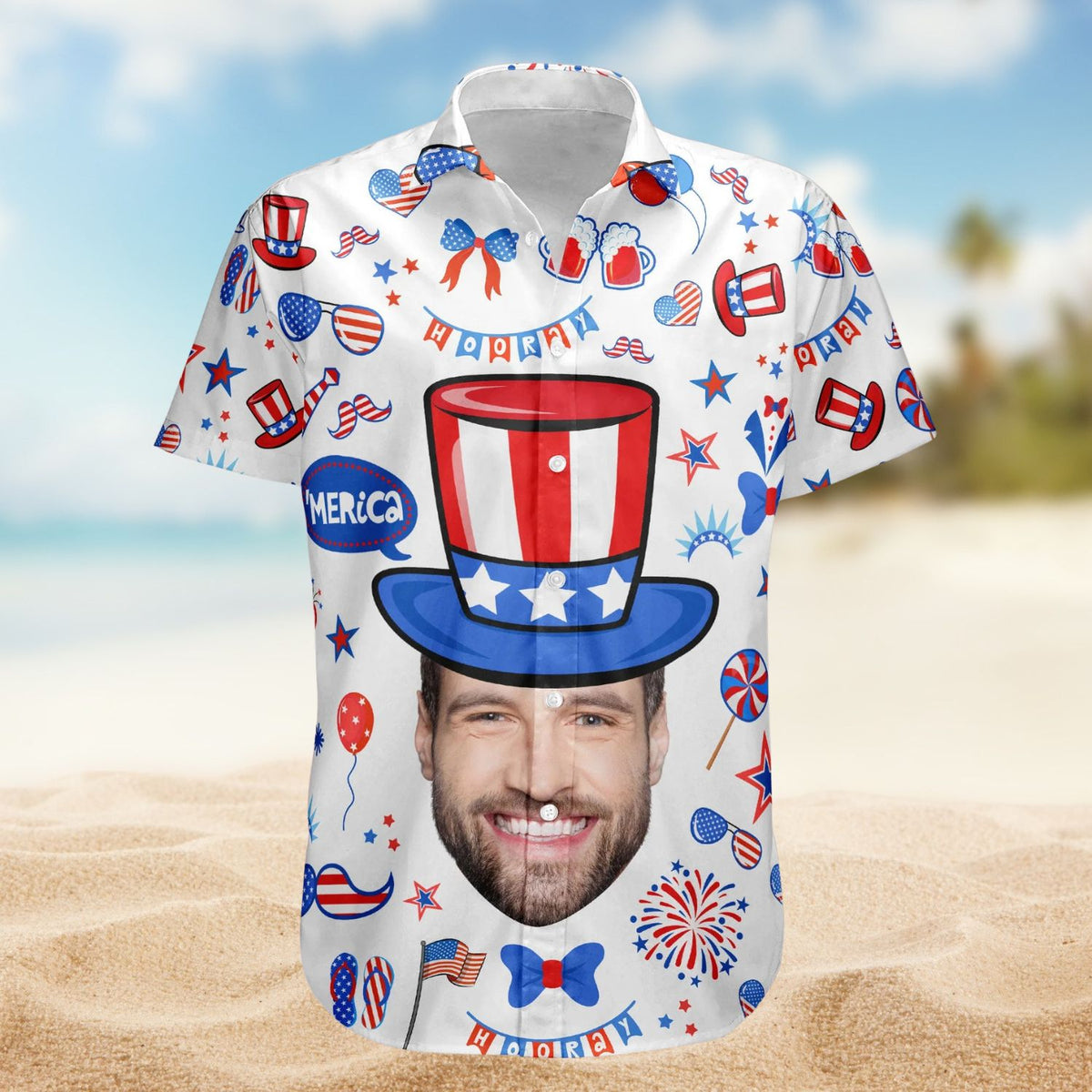 Custom Face Funny Happy 4th of July – Personalized Photo Hawaiian Shirt