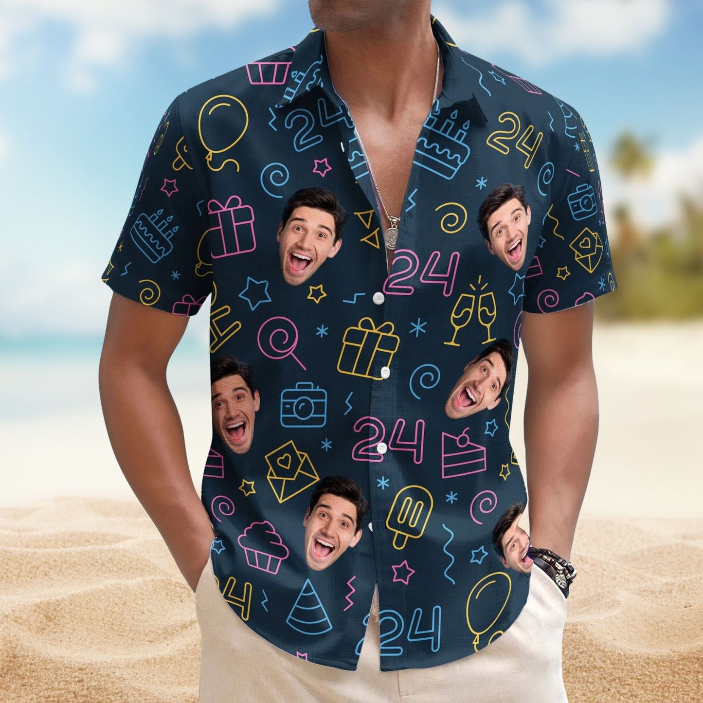 Birthday Neon Party Custom Funny Face Gift – Custom Photo Hawaiian Shirts