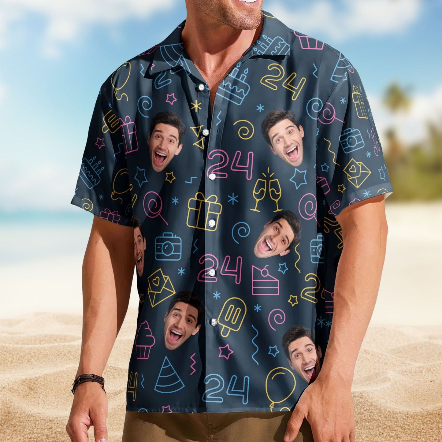 Birthday Neon Party Custom Funny Face Gift – Custom Photo Hawaiian Shirts