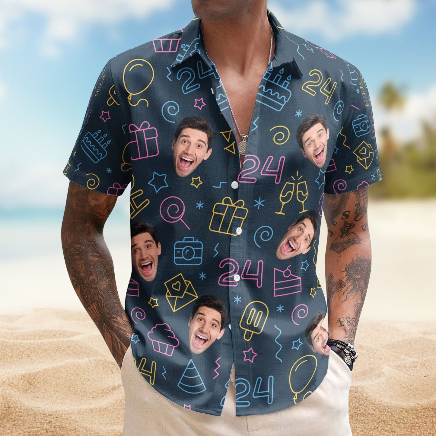 Birthday Neon Party Custom Funny Face Gift – Custom Photo Hawaiian Shirts