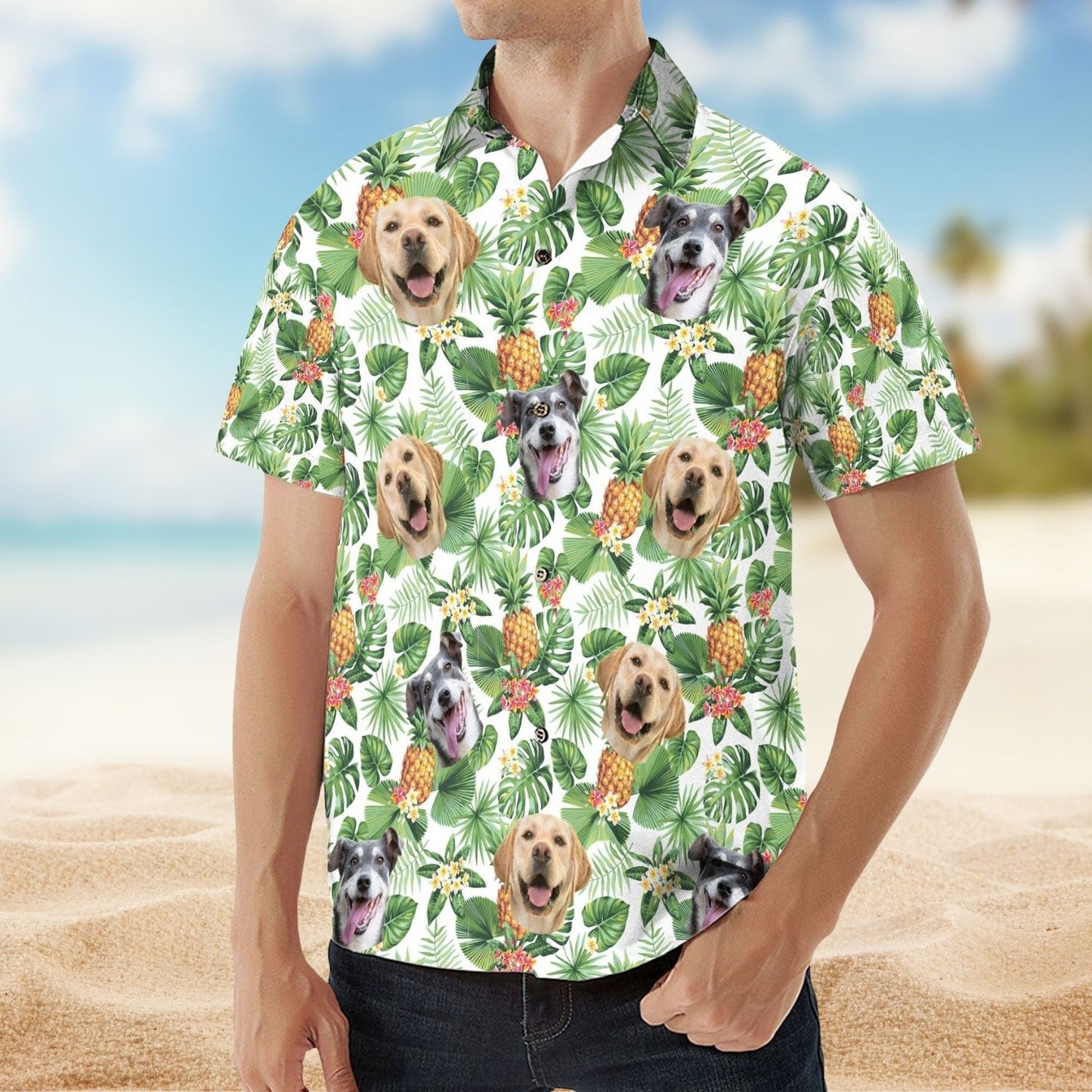 Tropical Aloha Shirt with Custom Pet Face – Personalized Photo Hawaiian Shirt