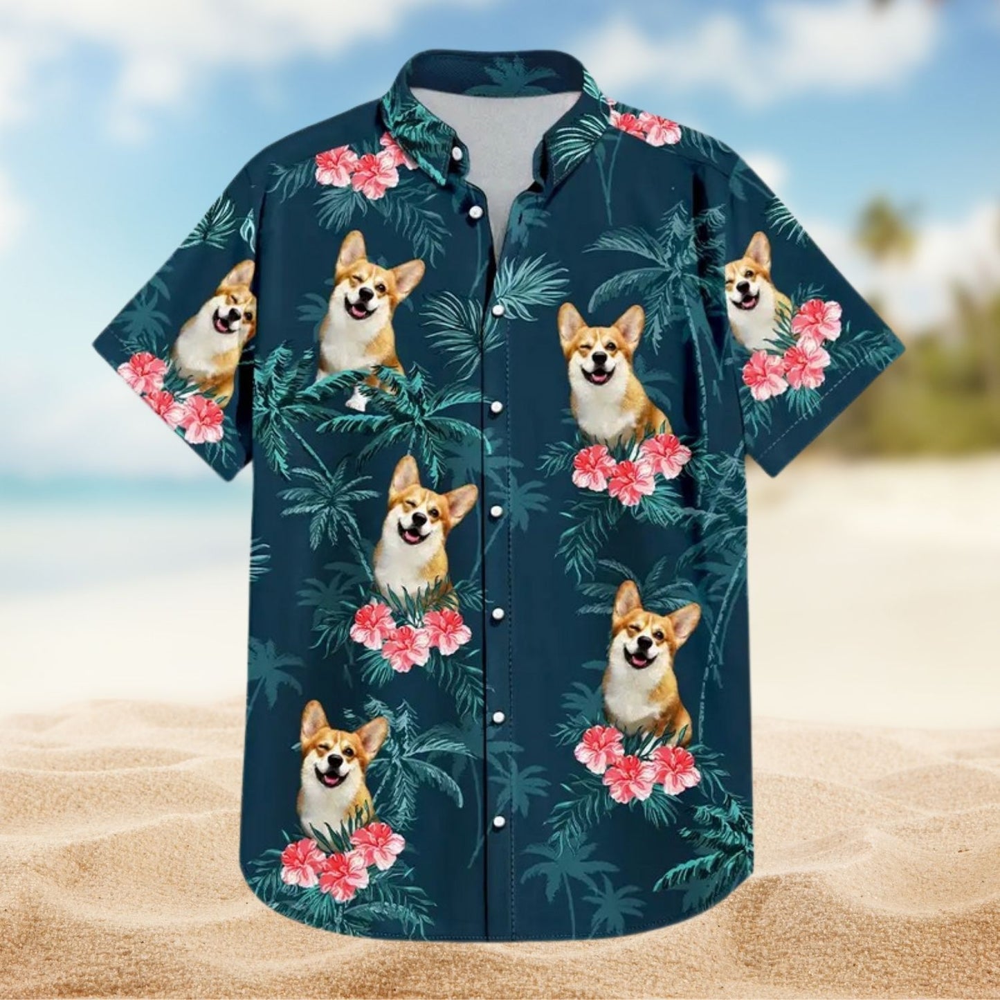 Tropical Beach Style Custom Photo Family Pet Face Palm Tree Pattern - Personalized Hawaiian Shirt