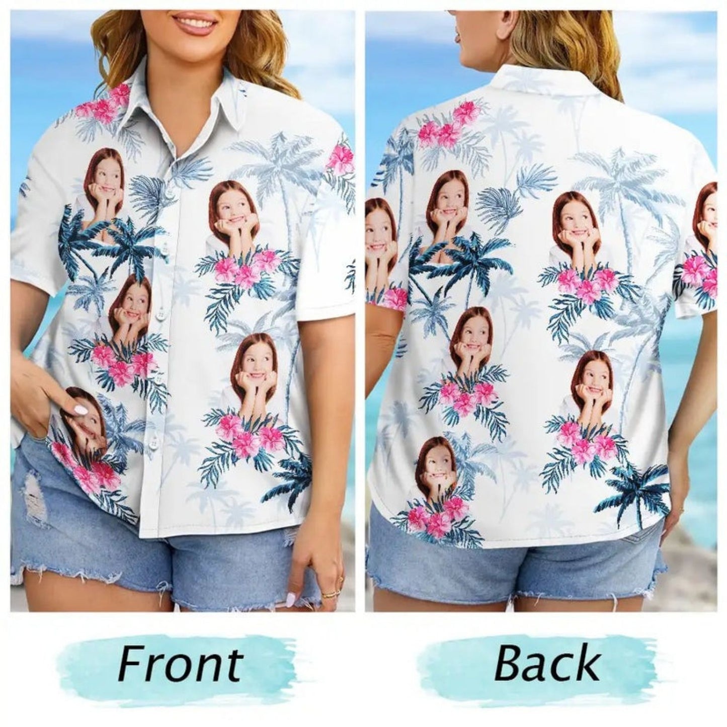 Tropical Beach Style Custom Photo Family Pet Face Palm Tree Pattern - Personalized Hawaiian Shirt