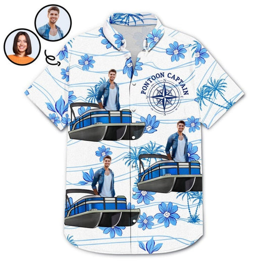 Tropical Beach Style Vacation Shirt – Custom Photo Boating Pontoon Human Faces - Personalized Hawaiian Shirt