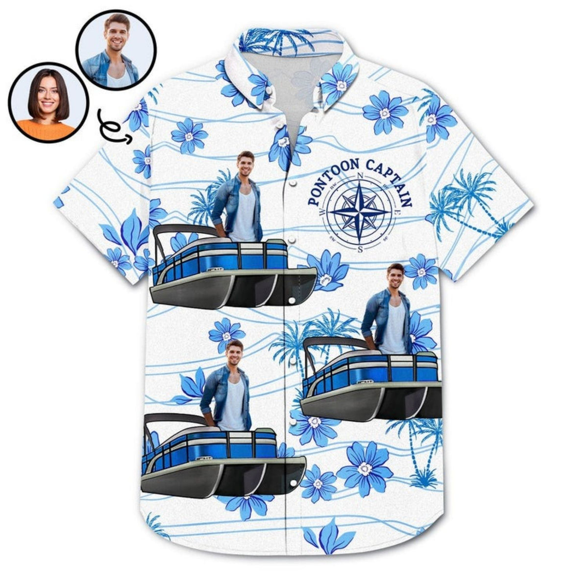 Tropical Beach Style Vacation Shirt – Custom Photo Boating Pontoon Human Faces - Personalized Hawaiian Shirt