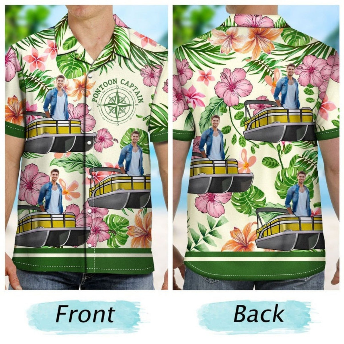 Tropical Beach Style Vacation Shirt – Custom Photo Boating Pontoon Human Faces - Personalized Hawaiian Shirt