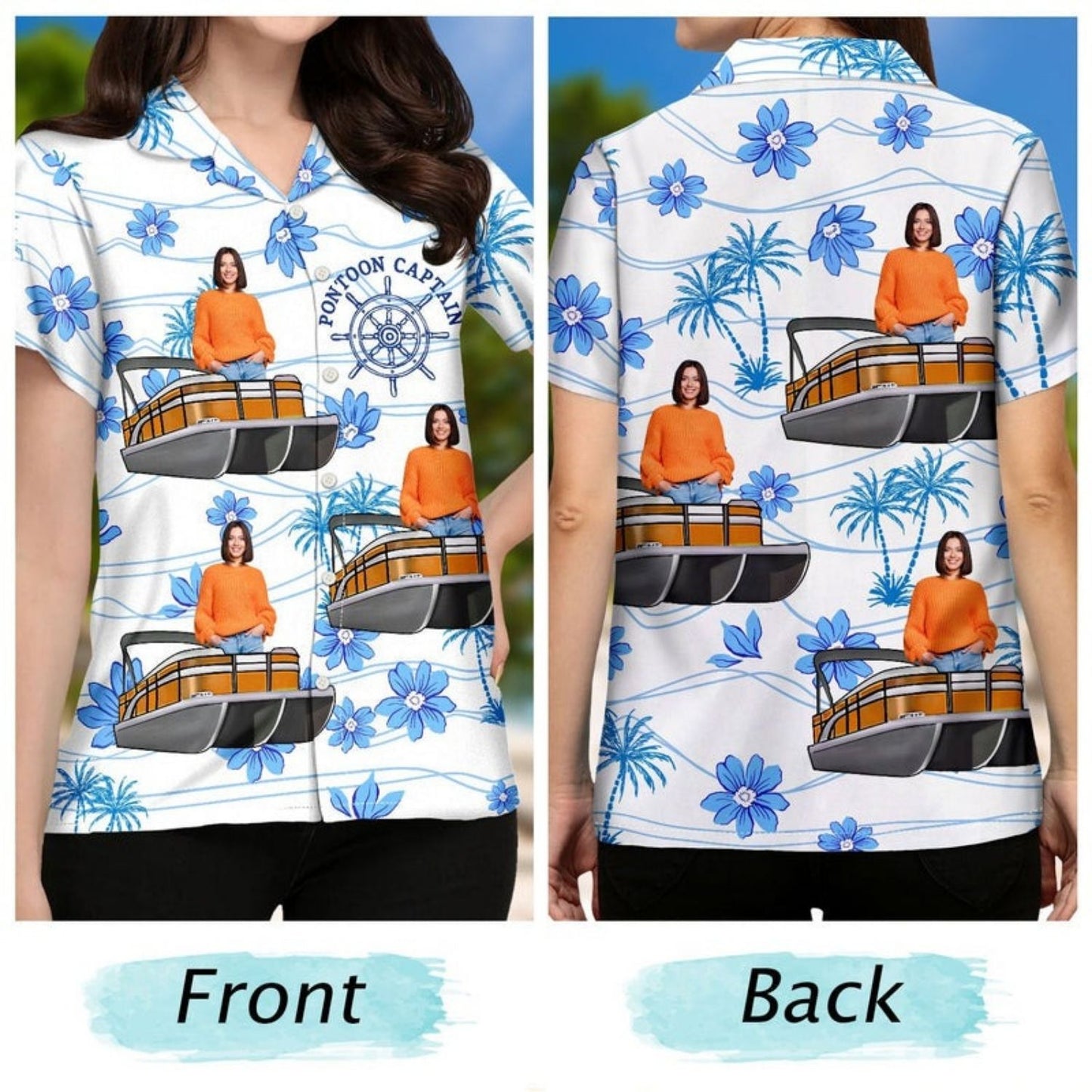 Tropical Beach Style Vacation Shirt – Custom Photo Boating Pontoon Human Faces - Personalized Hawaiian Shirt