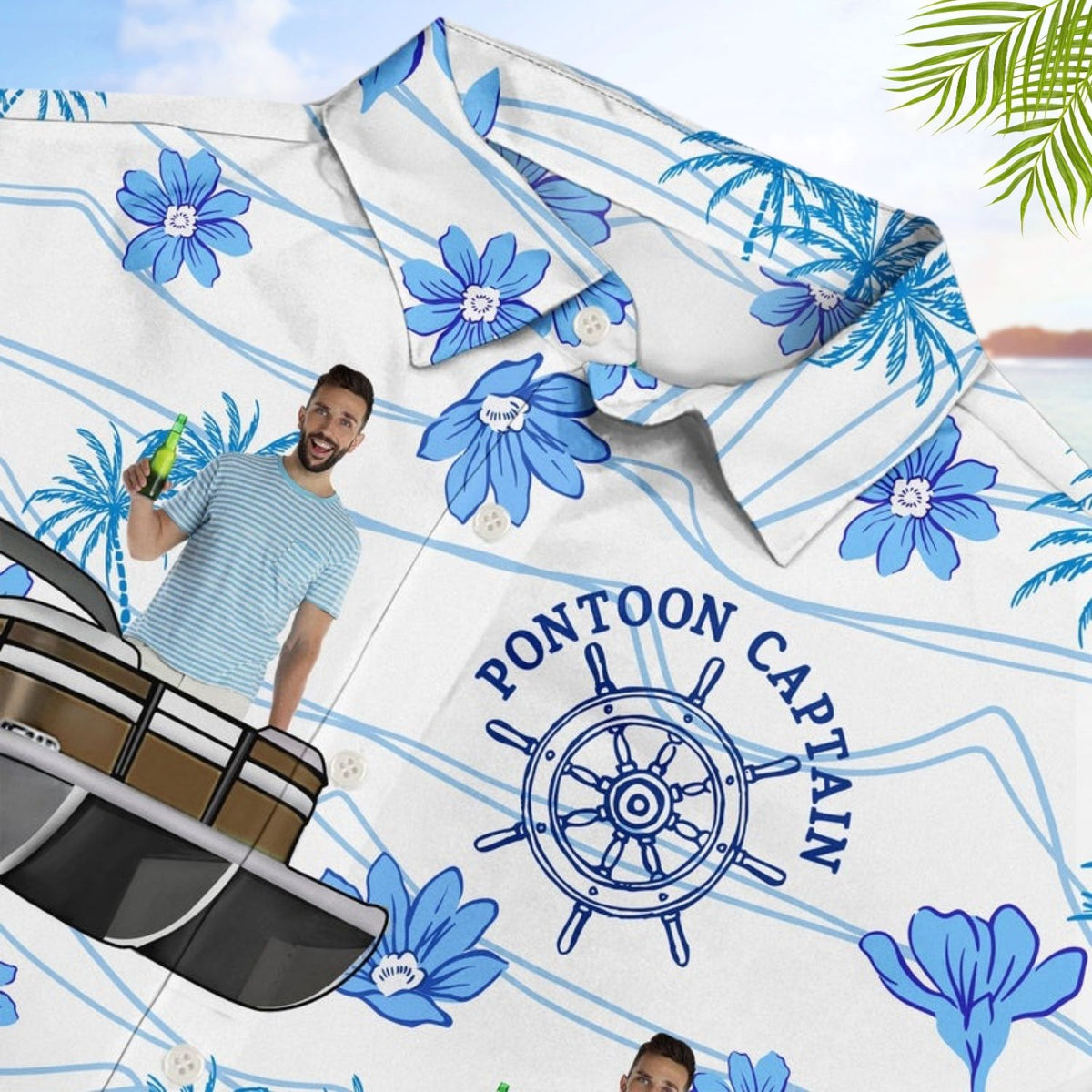 Tropical Beach Style Vacation Shirt – Custom Photo Boating Pontoon Human Faces - Personalized Hawaiian Shirt