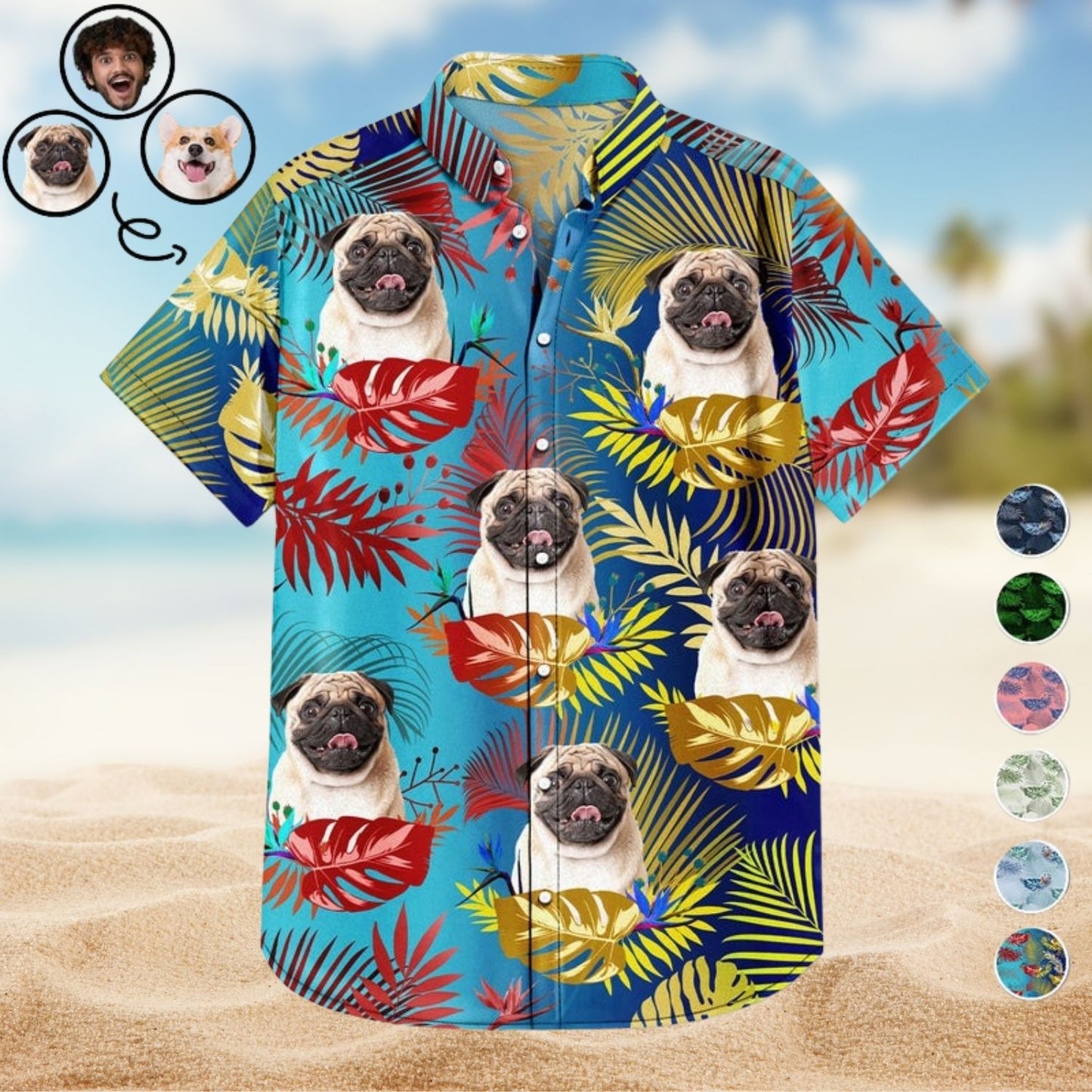 Tropical Beach Style Vacation Shirt – Custom Photo Funny Family Pet Face Tropical Leaf - Gift For Men, Dog And Cat Lovers - Personalized Custom Hawaiian Shirt