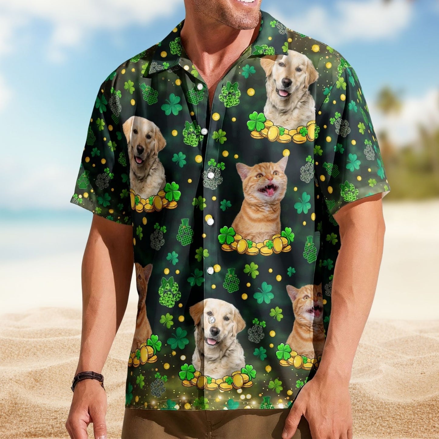 Custom Pet Face Hawaiian Shirt - St. Patrick's Day Shamrock Paws Funny Photo Gift