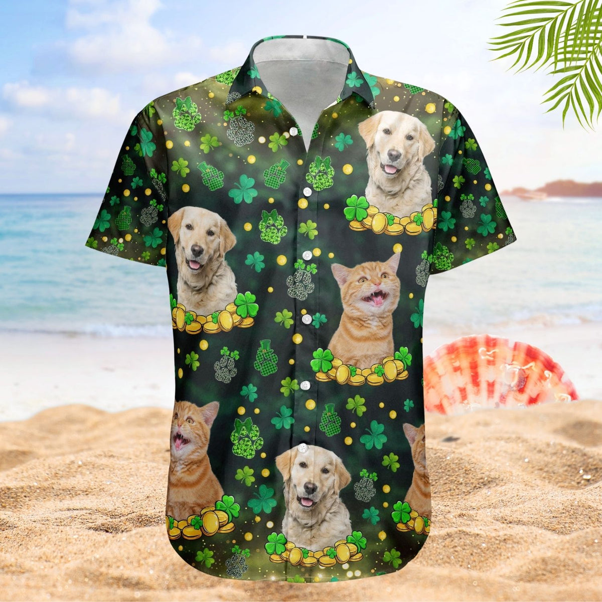 Custom Pet Face Hawaiian Shirt - St. Patrick's Day Shamrock Paws Funny Photo Gift
