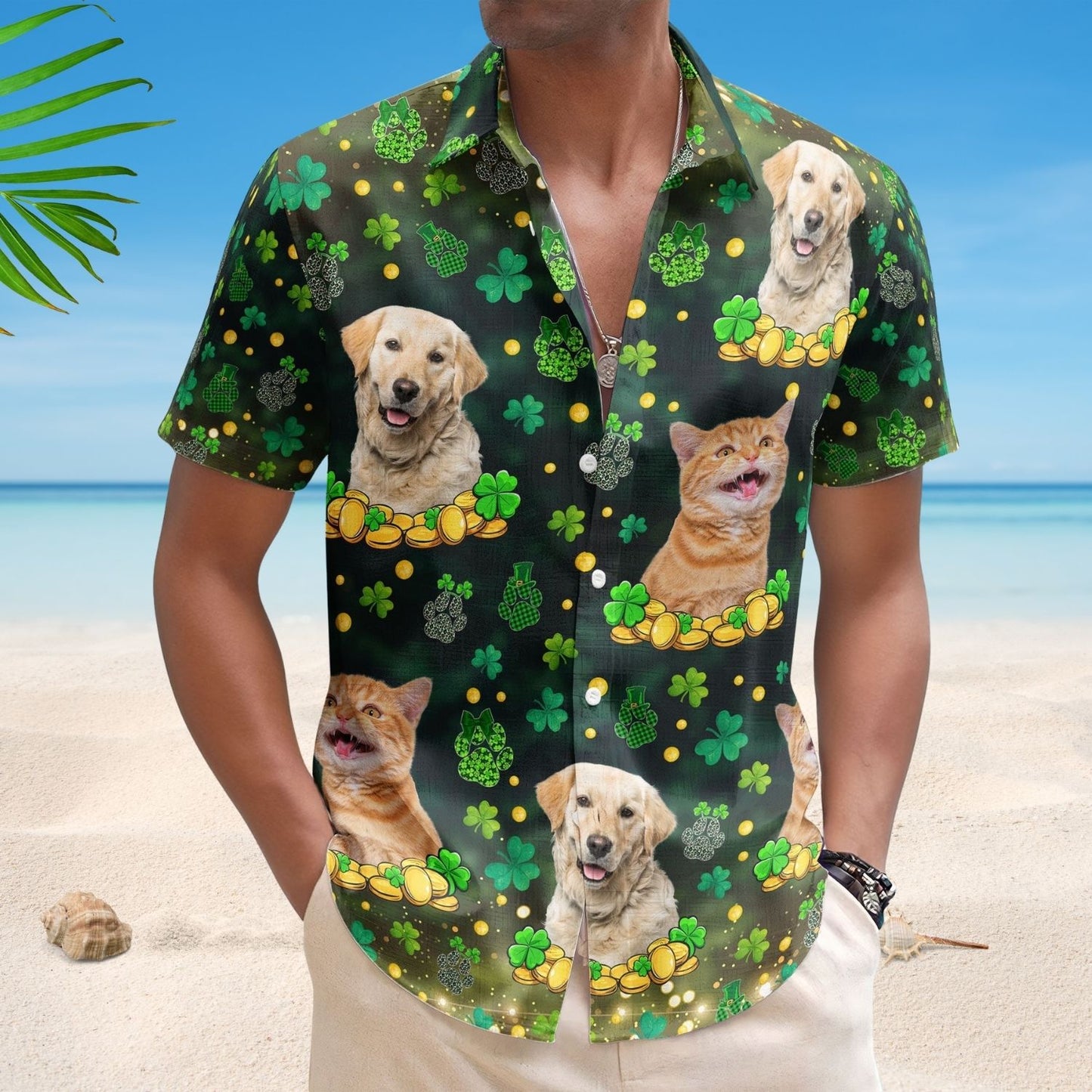 Custom Pet Face Hawaiian Shirt - St. Patrick's Day Shamrock Paws Funny Photo Gift
