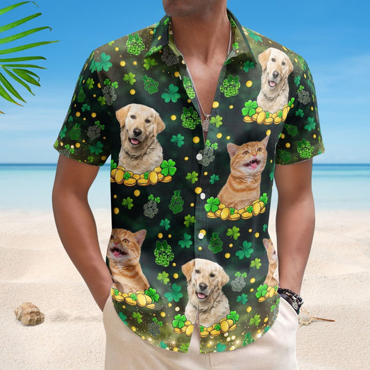 Custom Pet Face Hawaiian Shirt - St. Patrick's Day Shamrock Paws Funny Photo Gift