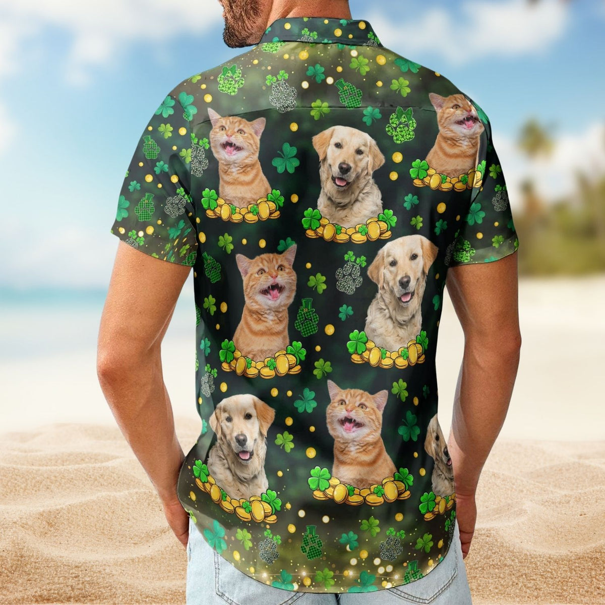 Custom Pet Face Hawaiian Shirt - St. Patrick's Day Shamrock Paws Funny Photo Gift