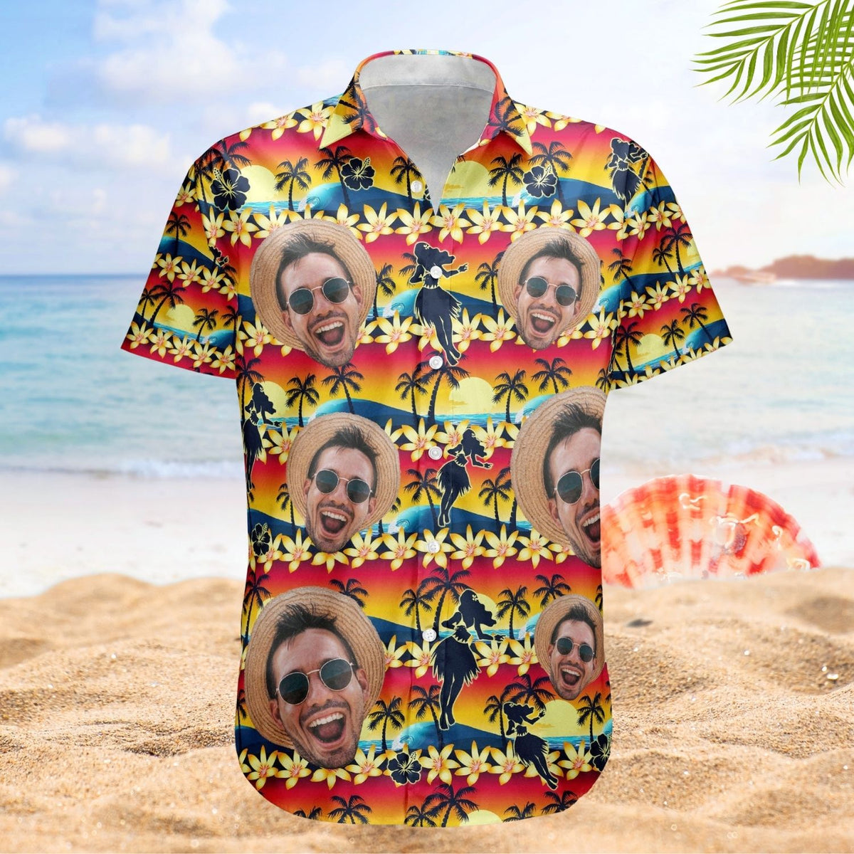 Tropical Sunset Hula Dance Aloha Shirt – Beach Scene Custom Photo Hawaiian Shirts