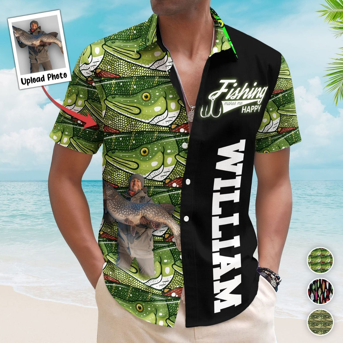 Personalized Fishing Aloha Shirt – Custom Photo Bass Fish Fishing Makes Me Happy - Custom Photo Hawaiian Shirt
