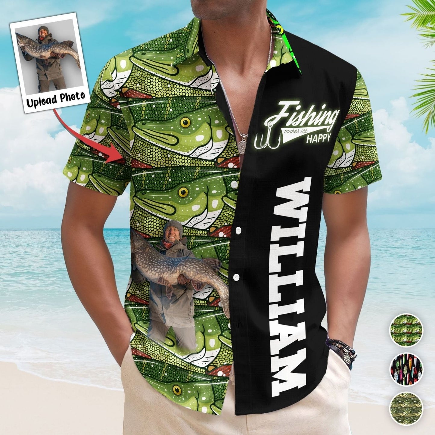 Personalized Fishing Aloha Shirt – Custom Photo Bass Fish Fishing Makes Me Happy - Custom Photo Hawaiian Shirt