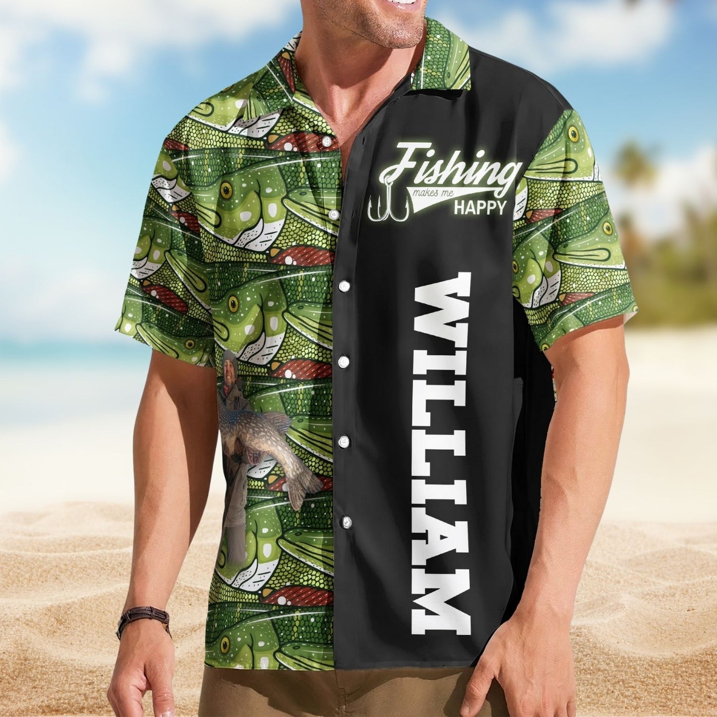 Personalized Fishing Aloha Shirt – Custom Photo Bass Fish Fishing Makes Me Happy - Custom Photo Hawaiian Shirt