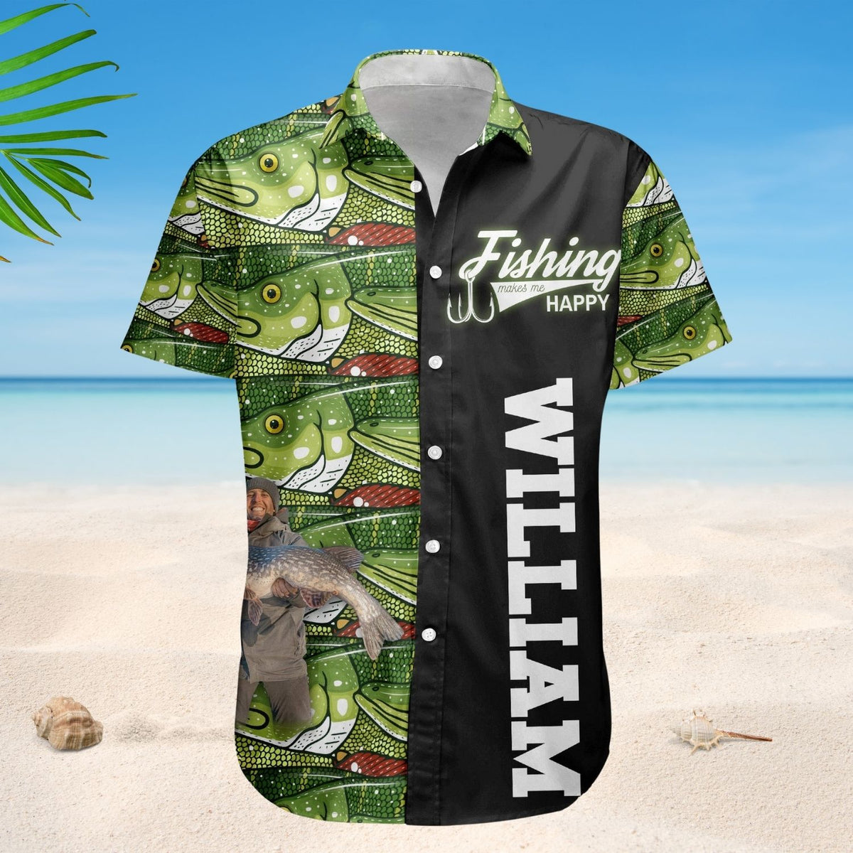 Personalized Fishing Aloha Shirt – Custom Photo Bass Fish Fishing Makes Me Happy - Custom Photo Hawaiian Shirt