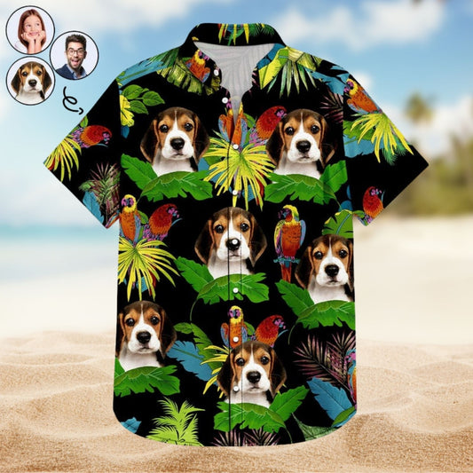 Tropical Beach Style Vacation Shirt – Custom Photo Funny Family Pet Face Tropical Parrots - Personalized Hawaiian Shirt