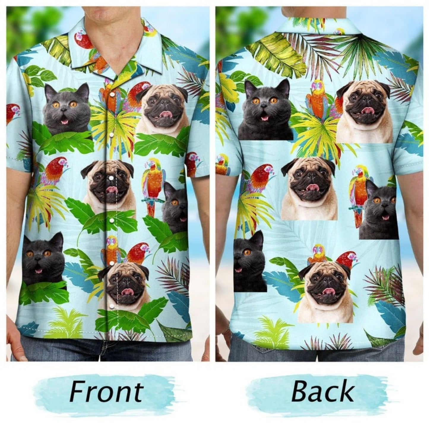 Tropical Beach Style Vacation Shirt – Custom Photo Funny Family Pet Face Tropical Parrots - Personalized Hawaiian Shirt