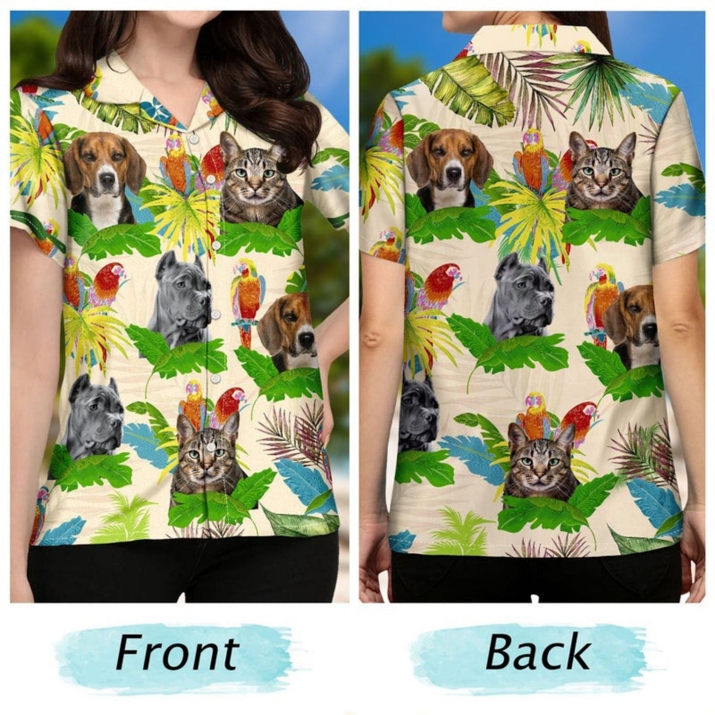 Tropical Beach Style Vacation Shirt – Custom Photo Funny Family Pet Face Tropical Parrots - Personalized Hawaiian Shirt