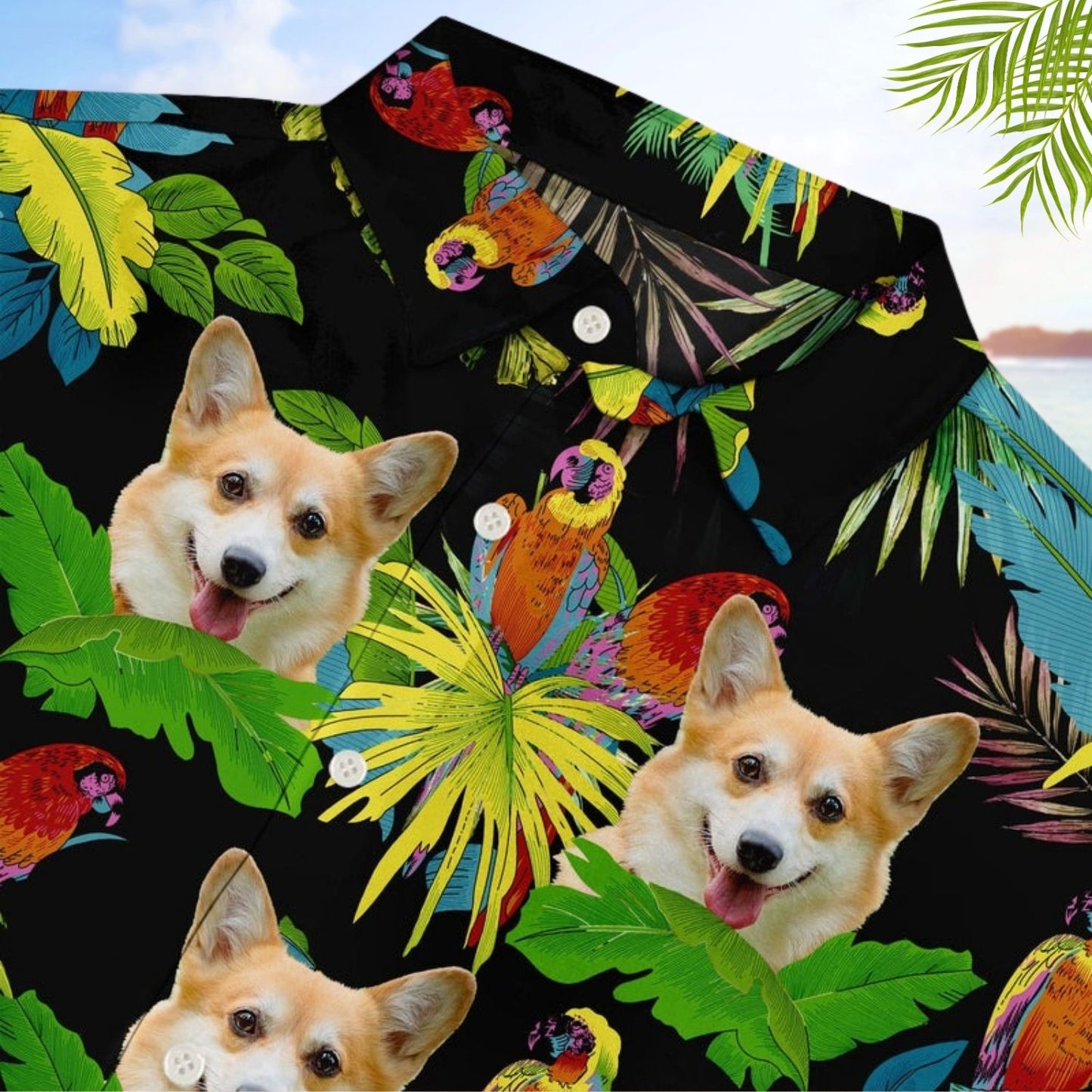 Tropical Beach Style Vacation Shirt – Custom Photo Funny Family Pet Face Tropical Parrots - Personalized Hawaiian Shirt