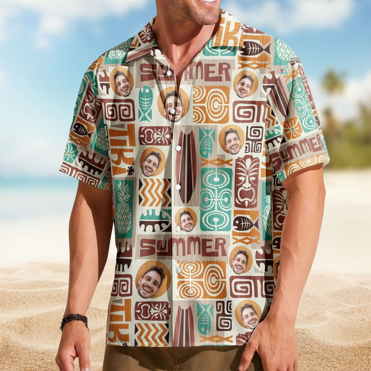 Custom Face with Exotic Tiki Pattern – Custom Photo Hawaiian Shirts