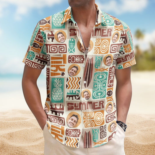 Custom Face with Exotic Tiki Pattern – Custom Photo Hawaiian Shirts