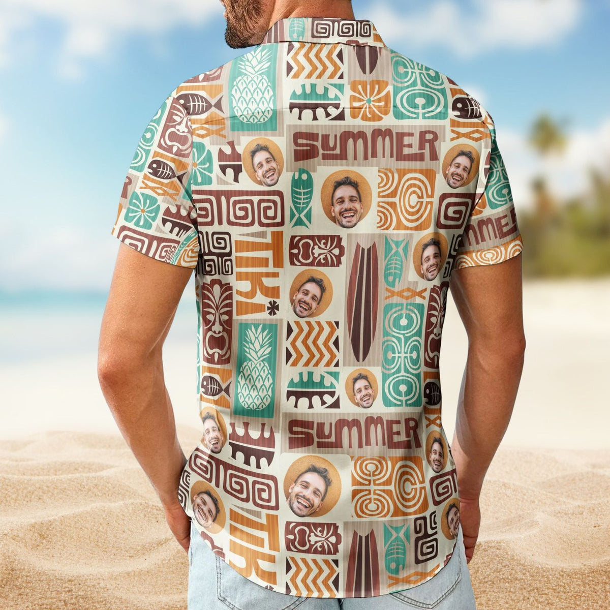 Custom Face with Exotic Tiki Pattern – Custom Photo Hawaiian Shirts