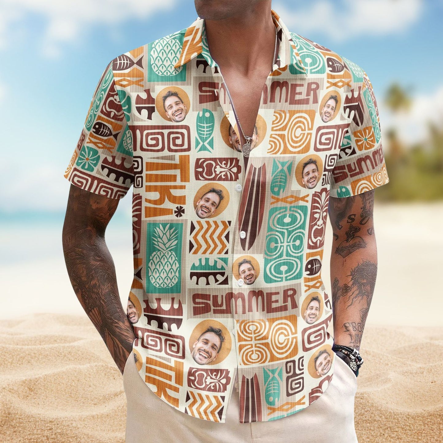 Custom Face with Exotic Tiki Pattern – Custom Photo Hawaiian Shirts